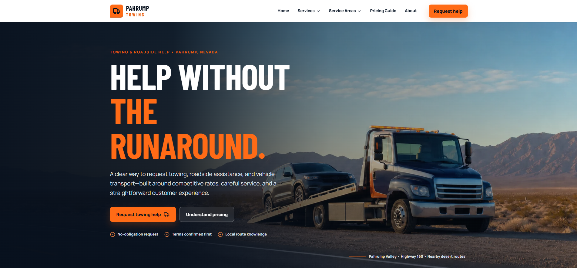 Full desktop homepage design for the Pahrump Towing website